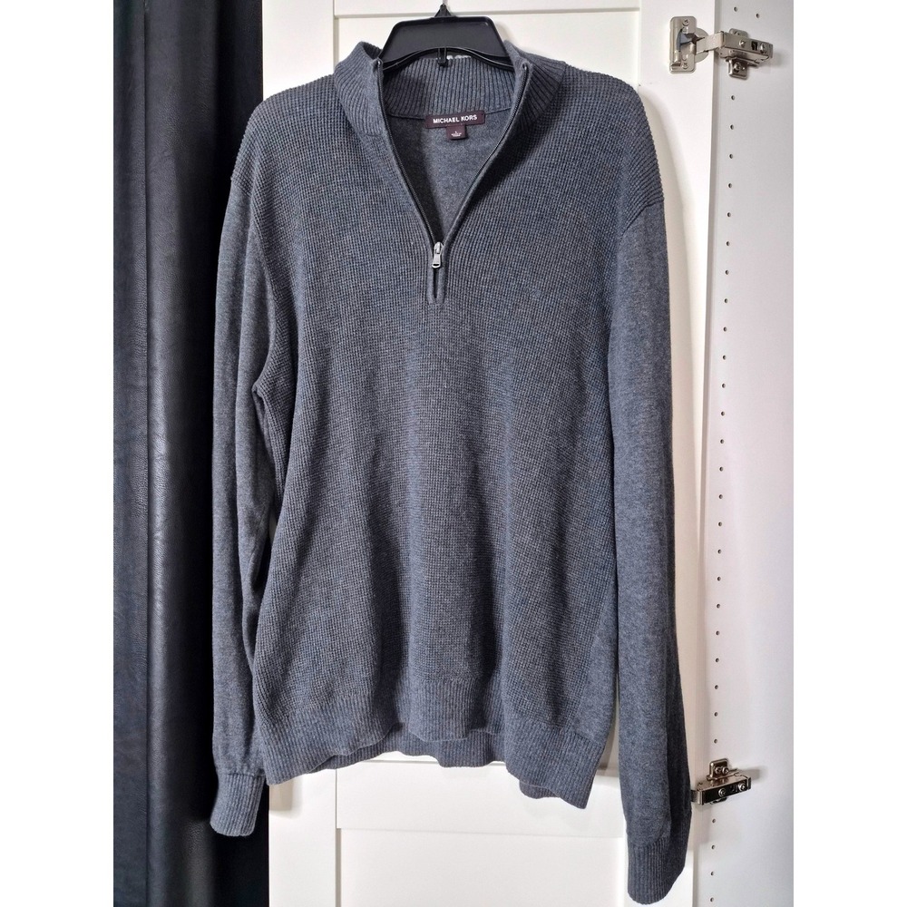 Michael Kors Mens Gray Waffle‎ Knit Quarter Zip Pullover Sweater Size L